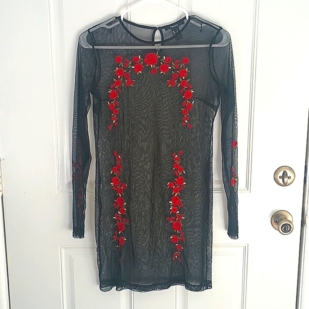 Forever 21 Y2K sheer mesh mini dress size S black with embroidered red roses